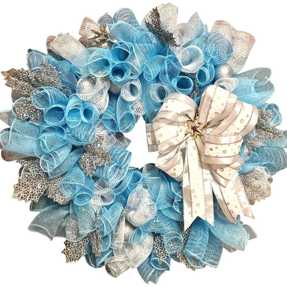26" Blue Silver White Holiday Hanukkah Wreath Sparkly Jewish Handmade New